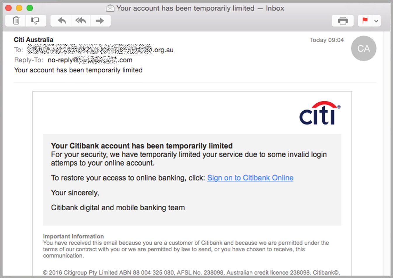 Highrisk Citibank fraud email puts bank accounts in danger